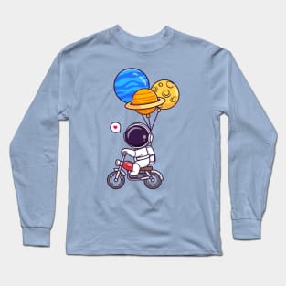 Cute Astronaut Riding Motorcycle With Planet Balloon Cartoon Long Sleeve T-Shirt